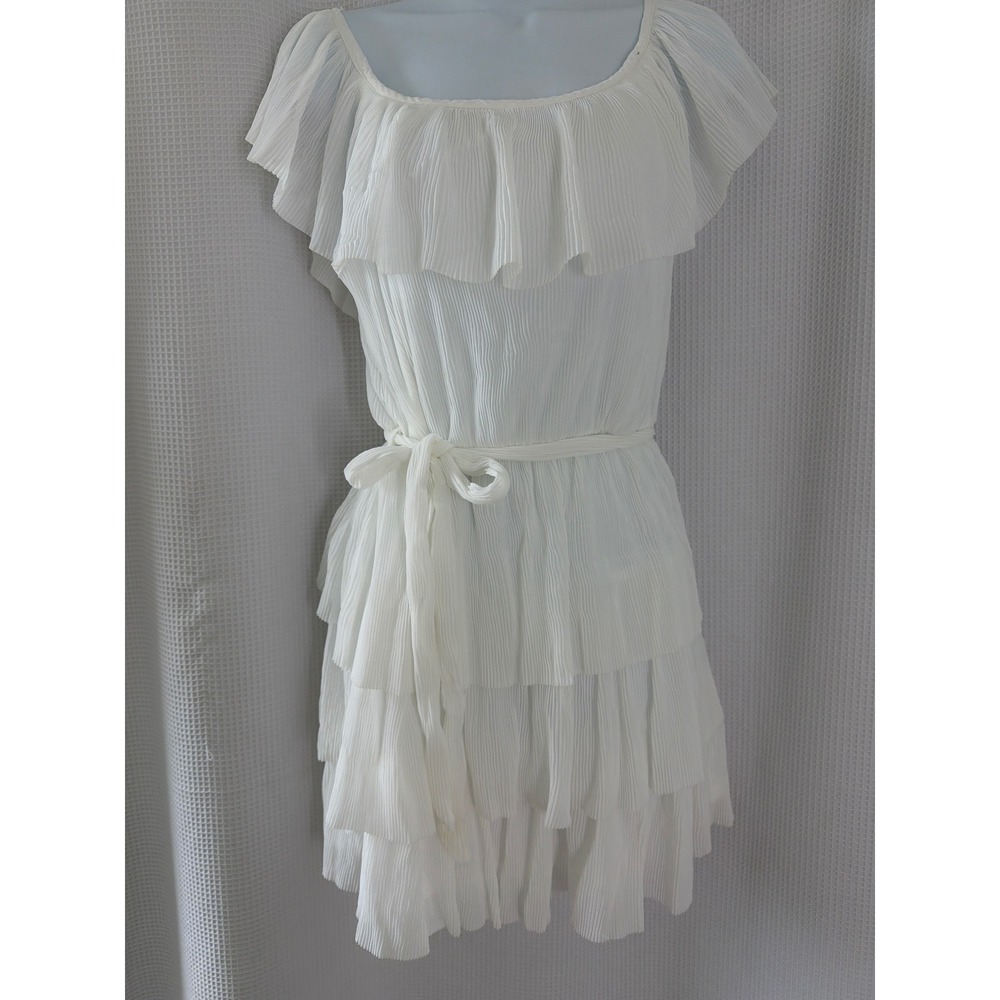 She + Sky White Pleated Ruffle Tiered Mini Dress Off Shoulder NWT SS4057 Large